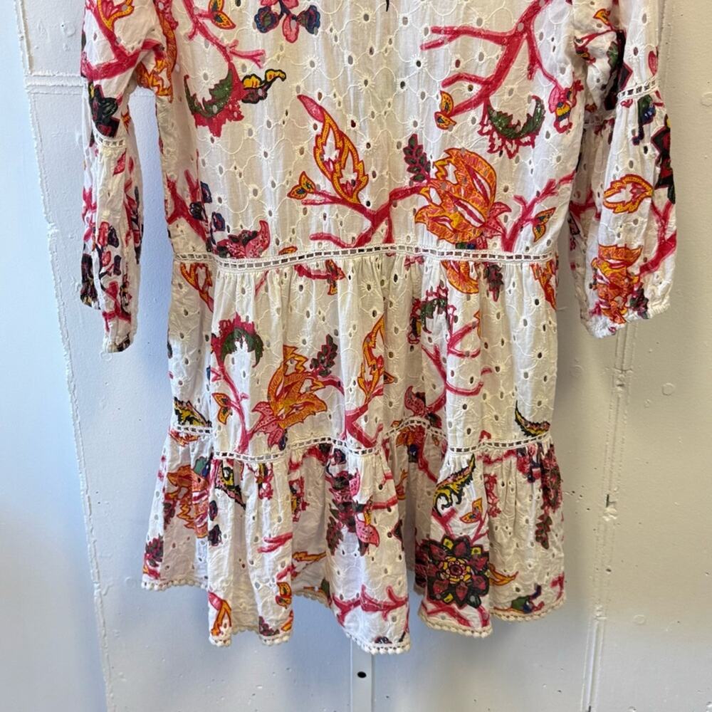 Gianni Bini 3/4 Sleeve Mini‎ Dress Babydoll Tassels Cotton Boho Floral Eyelet XS - Picture 8 of 16